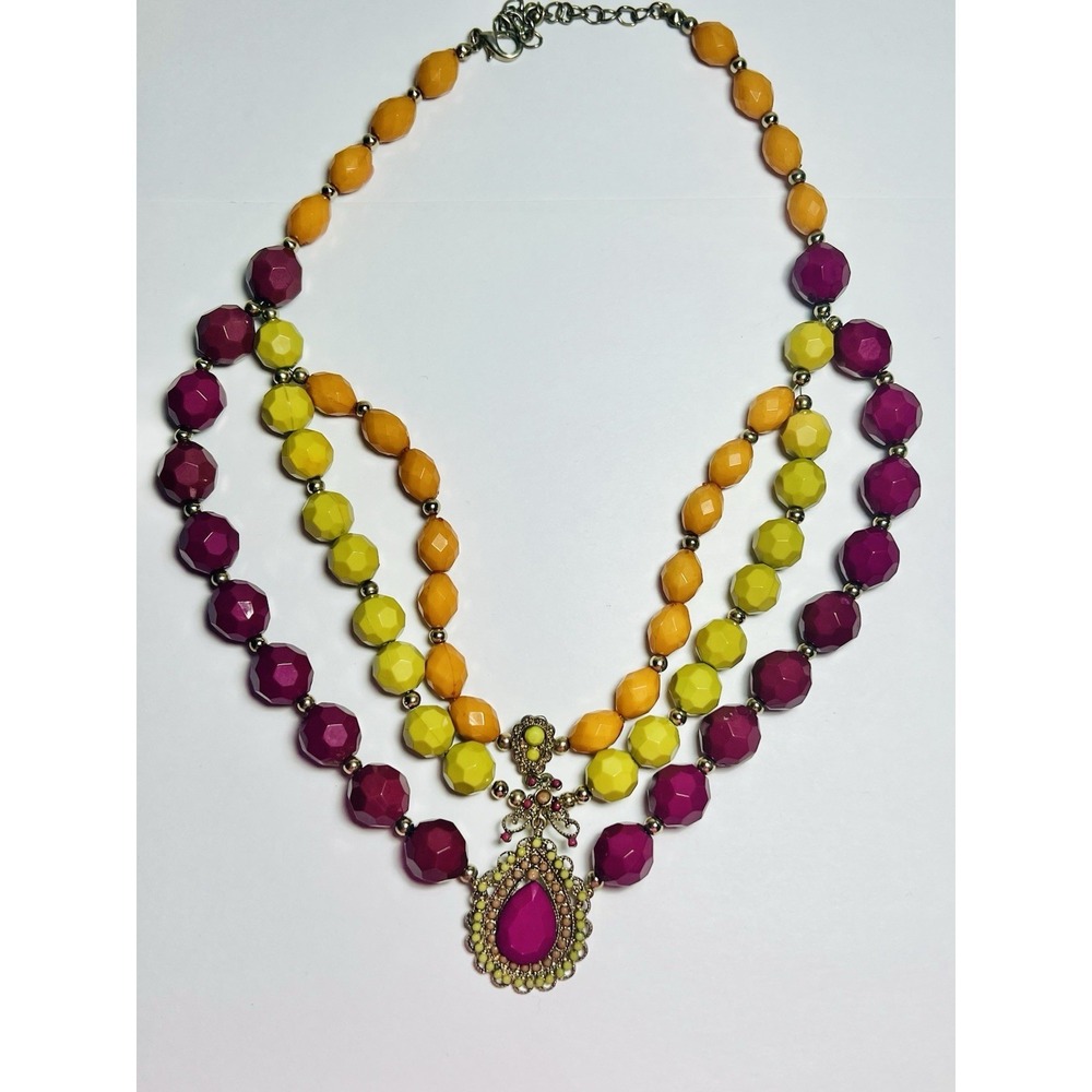 Boho Multi Strand Beaded Statement Necklace Pink Yellow Orange Layered